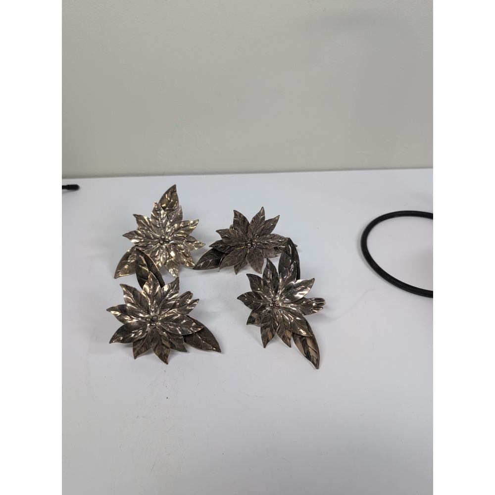 4 Metal Bronze Poinsettia Napkin Rings Holiday Christmas Table Decor
